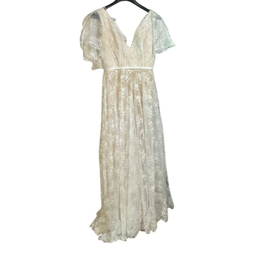 Vintage-Inspired Ivory Lace Bridal Gown Prom Flutter Sleeves Satin Lining